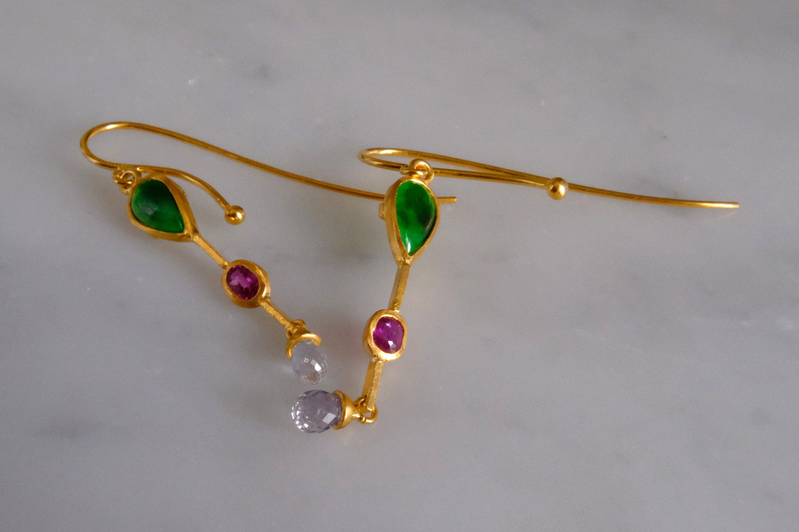 Gem Gardener, briolette earrings, roman style earrings, dainty 24k gold earrings, jade and ruby earrings, jade earrings singapore