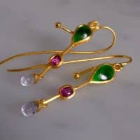 Gem Gardener, briolette earrings, roman style earrings, dainty 24k gold earrings, jade and ruby earrings, jade earrings singapore