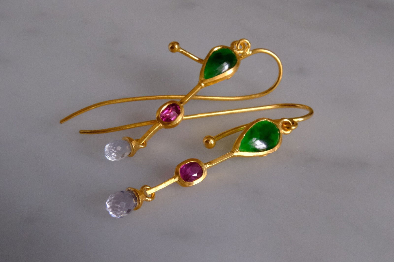 Gem Gardener, briolette earrings, roman style earrings, dainty 24k gold earrings, jade and ruby earrings, jade earrings singapore