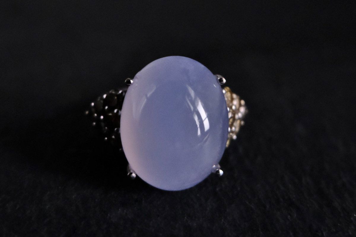 Gem Gardener, Chalcedony Ring, blue chalcedony ring white gold, lavender stone ring, cabochon chalcedony diamond ring, vintage gemstone rings for sale