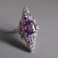 Gem Gardener, sapphire navette ring, lilac sapphire ring for sale, kashmir sapphire jewelry, purple sapphire ring with diamonds, lavender sapphire ring, sapphire ring singapore