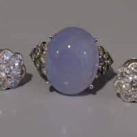 Gem Gardener, Chalcedony Ring, blue chalcedony ring white gold, lavender stone ring, cabochon chalcedony diamond ring, vintage gemstone rings for sale