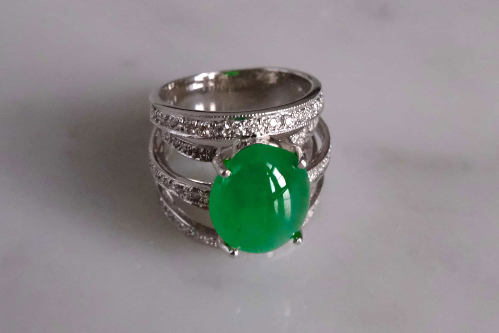 Jadeite Jade Diamond Ring, Gem Gardener, imperial green jade ring, chunky jade ring, jadeite ring singapore, art deco jade ring
