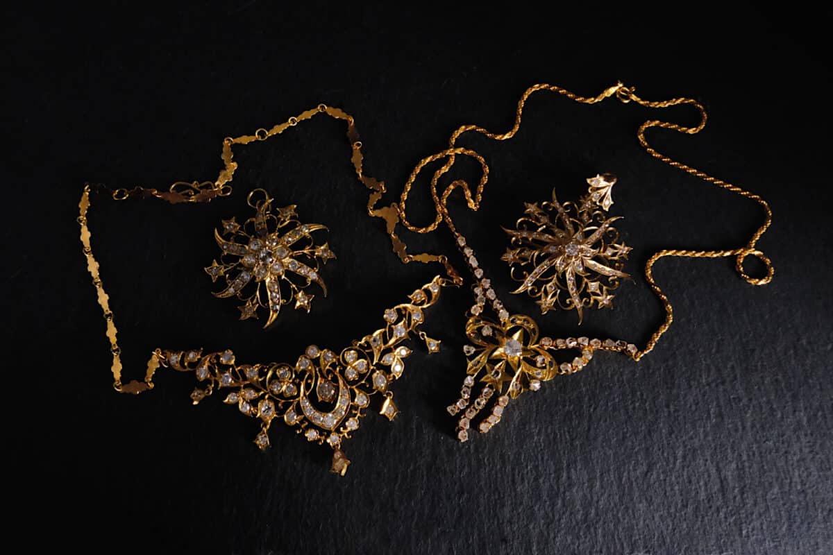 Antique Hand Cut Diamond Ribbon Peranakan Necklace 18k GEM GARDENER