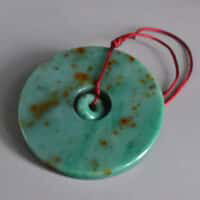 Green Gold Specks Jadeite Jade Donut Carving Amulet