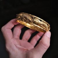 19th Century Dragon Phoenix Carved Gold Bangle Antique 22k