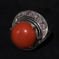 antique red coral ring, Art Deco Coral Ring, coral ring vintage, antique art deco rings for sale, round coral diamond ring, coral dome ring, Gem Gardener