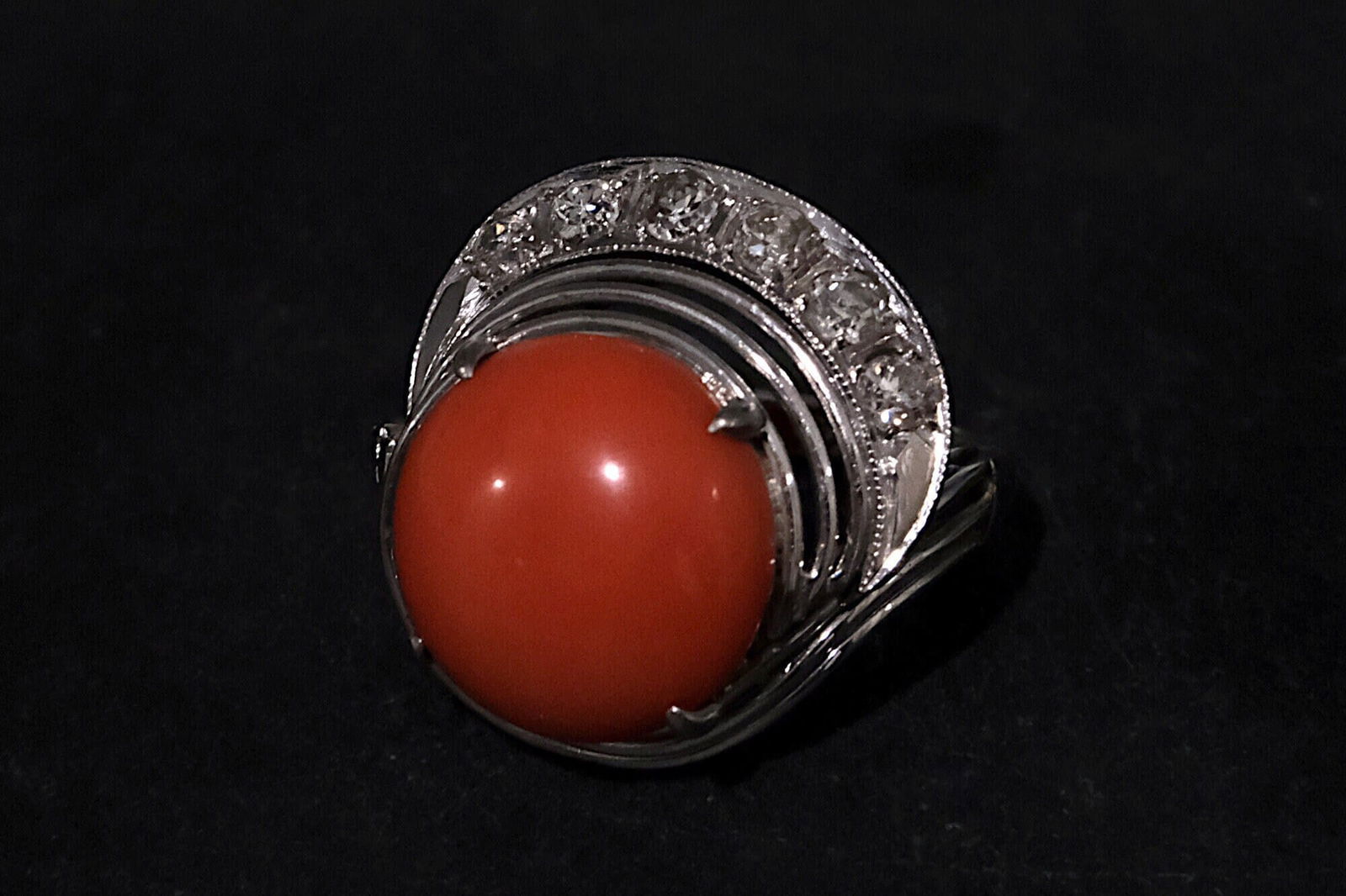 antique red coral ring, Art Deco Coral Ring, coral ring vintage, antique art deco rings for sale, round coral diamond ring, coral dome ring, Gem Gardener