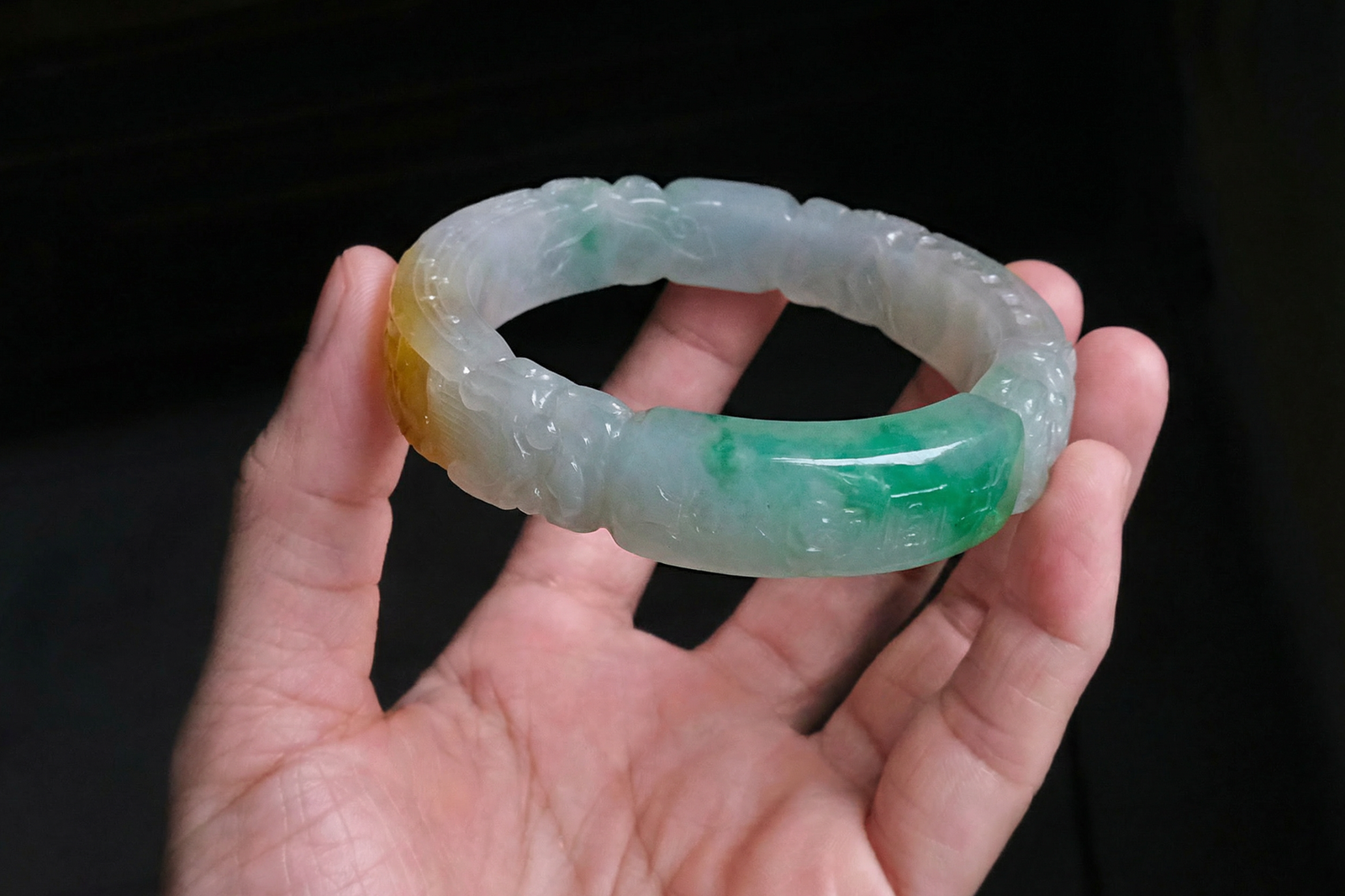 qing dynasty jade bangle, pale celadon jade bangle, dragon carved jade bangle, antique carved jade bangle, jade bangle singapore, Gem Gardener
