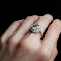 Fancy Greenish Yellow Diamond Ring, fancy light greenish yellow diamond, fancy brownish greenish yellow diamond, light green yellow diamond, pear cut diamond ring, diamond ring singapore, Gem Gardener