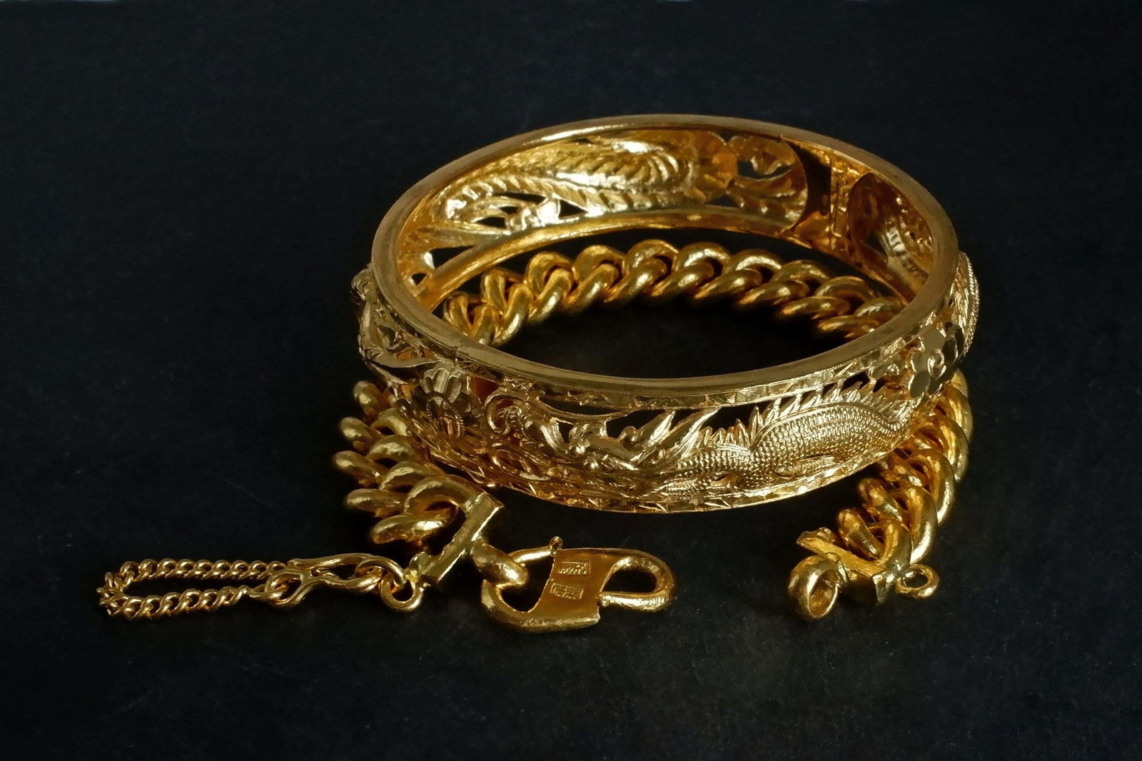 gold dragon and phoenix bangle, antique gold bangles for sale, dragon phoenix gold bangle, antique gold jewelry for sale