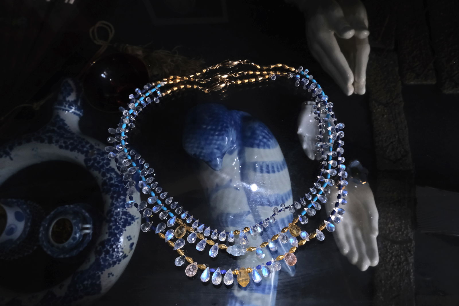 Moonstone Bead Necklace, egyptian style bead necklace, medieval style jewelry, lapis and moonstone jewellery, gold roman style necklace, moonstone necklace singapore, Gem Gardener