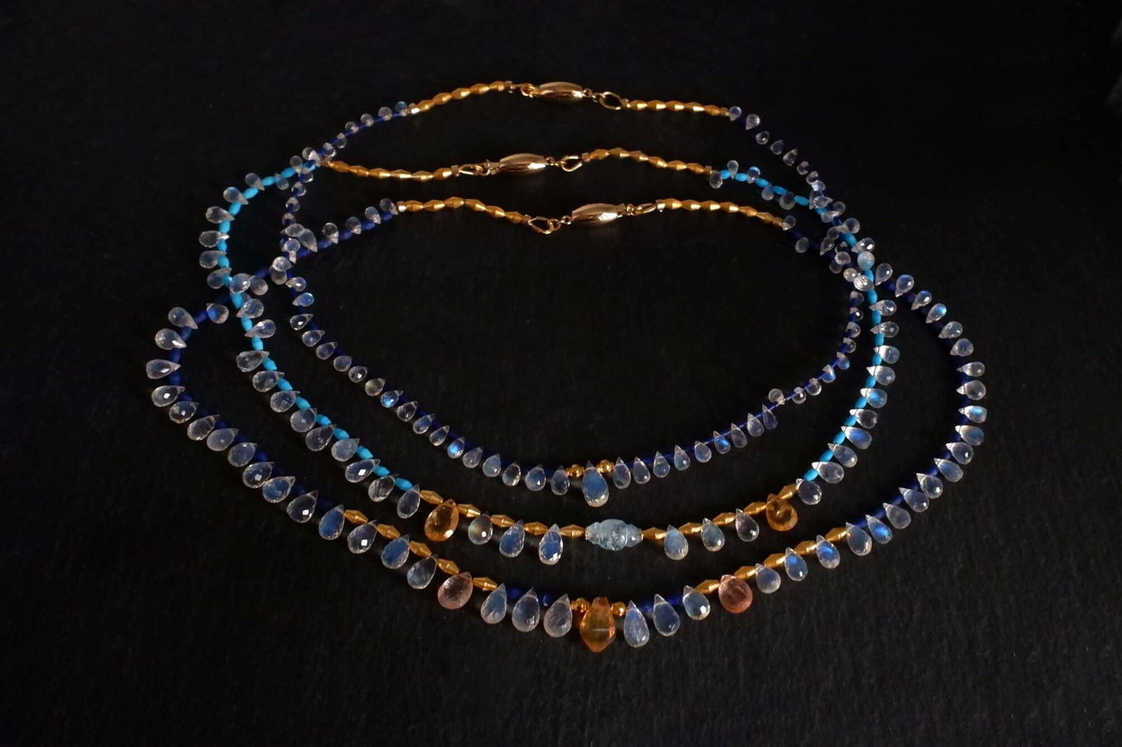Moonstone Bead Necklace, egyptian style bead necklace, medieval style jewelry, lapis and moonstone jewellery, gold roman style necklace, moonstone necklace singapore, Gem Gardener