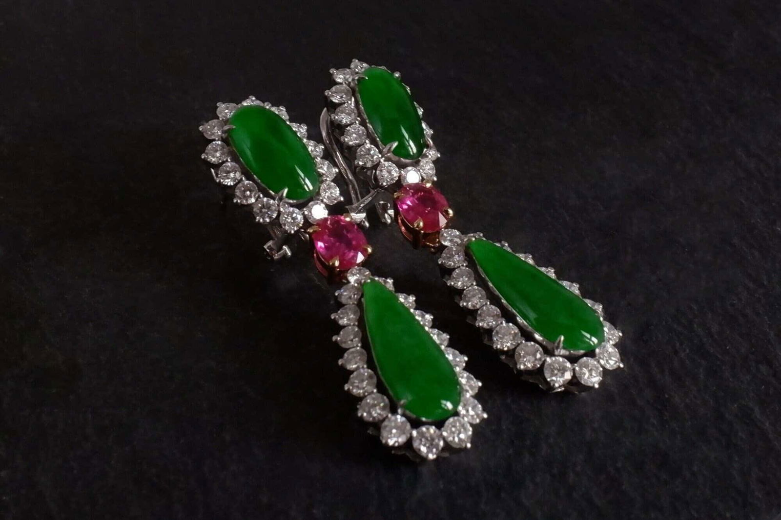 Jade Ruby Diamond Earrings, art deco jade earrings, art deco jewellery jade, art deco jade jewelry, jade jewellery singapore, chinese art deco, jade earrings singapore, Gem Gardener