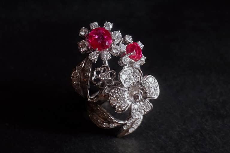 Ruby Flower Ring, burmese ruby ring, ruby statement ring, unheated burma ruby ring, flower ring white gold, unheated ruby ring, ruby ring singapore, Gem Gardener