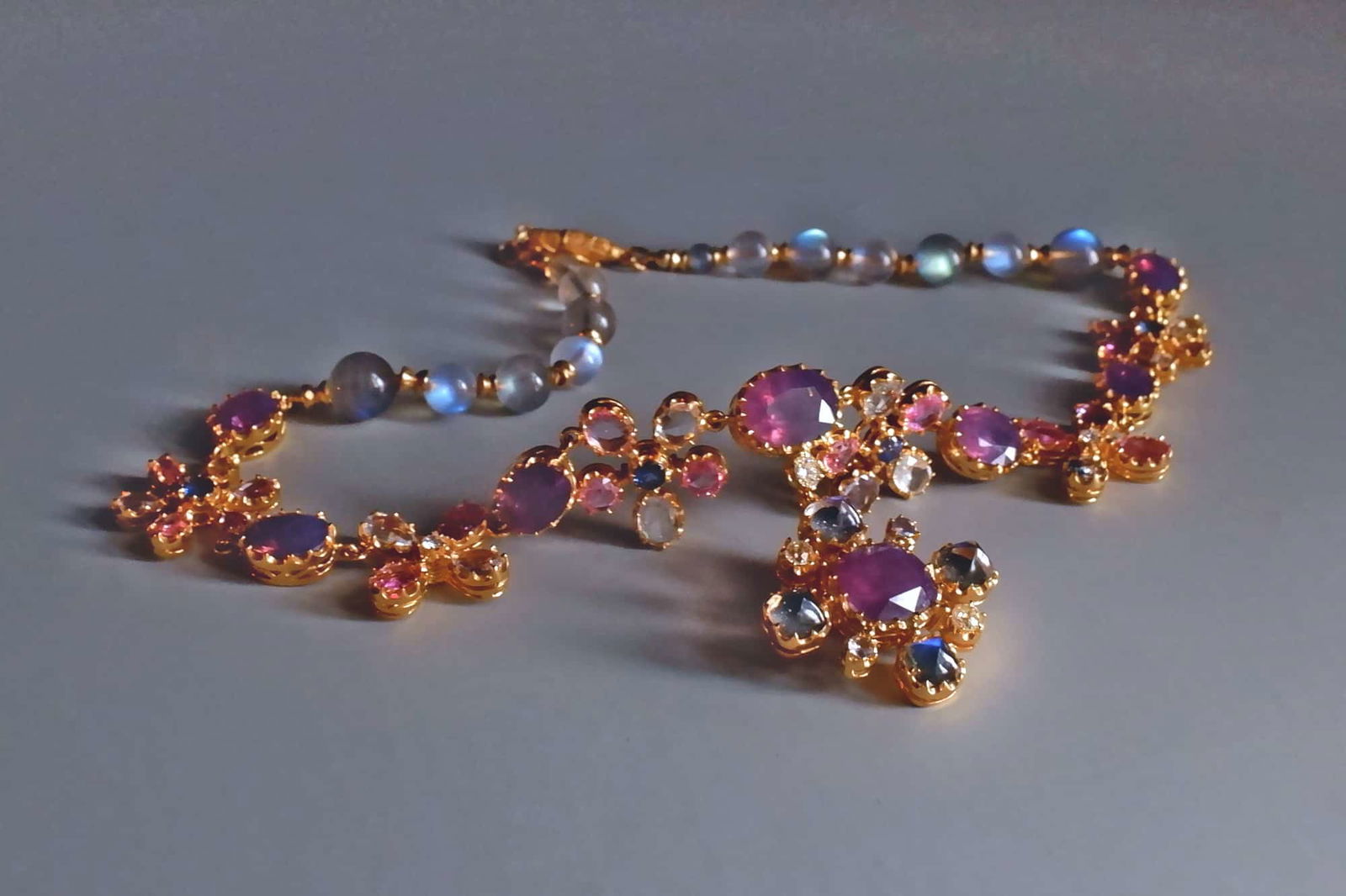 Kashmir Sapphire Necklace, sapphire flower necklace, kashmir sapphire pink, kashmir sapphire jewelry, pink purple sapphire necklace, natural sapphire necklace, statement necklace singapore, sapphire necklace singapore, Gem Gardener