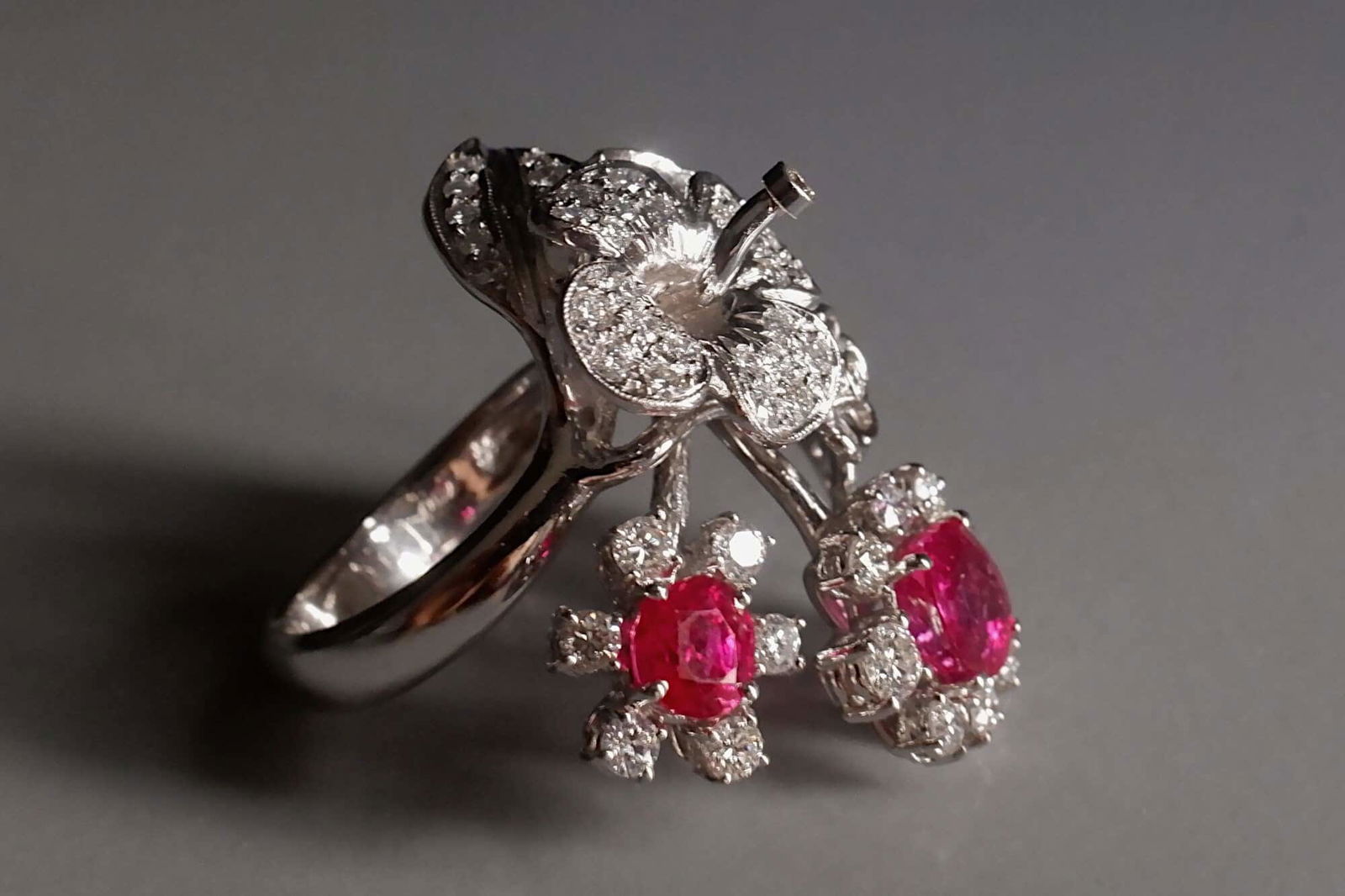 Ruby Flower Ring, burmese ruby ring, ruby statement ring, unheated burma ruby ring, flower ring white gold, unheated ruby ring, ruby ring singapore, Gem Gardener