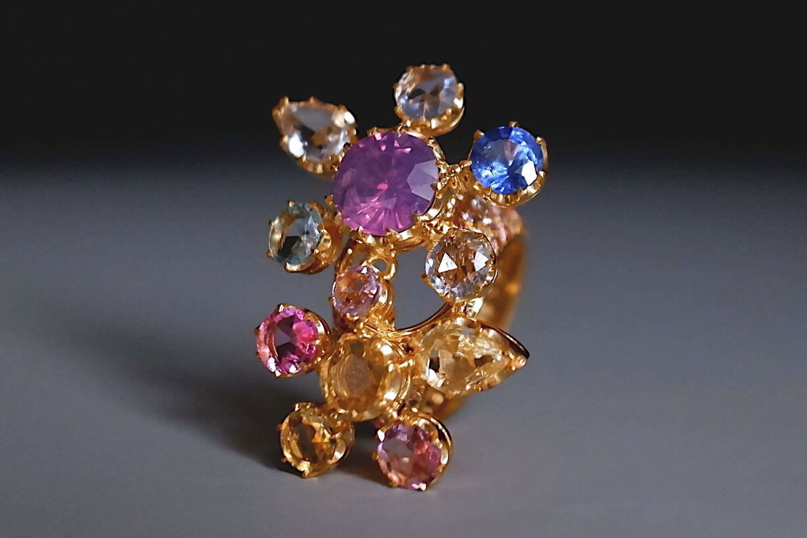double flower ring, flower sapphire ring, sapphire flower ring, chunky flower ring, statement flower ring, flower cocktail ring, statement ring singapore, Gem Gardener