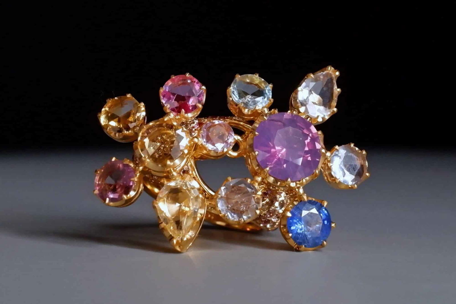 double flower ring, flower sapphire ring, sapphire flower ring, chunky flower ring, statement flower ring, flower cocktail ring, statement ring singapore, Gem Gardener