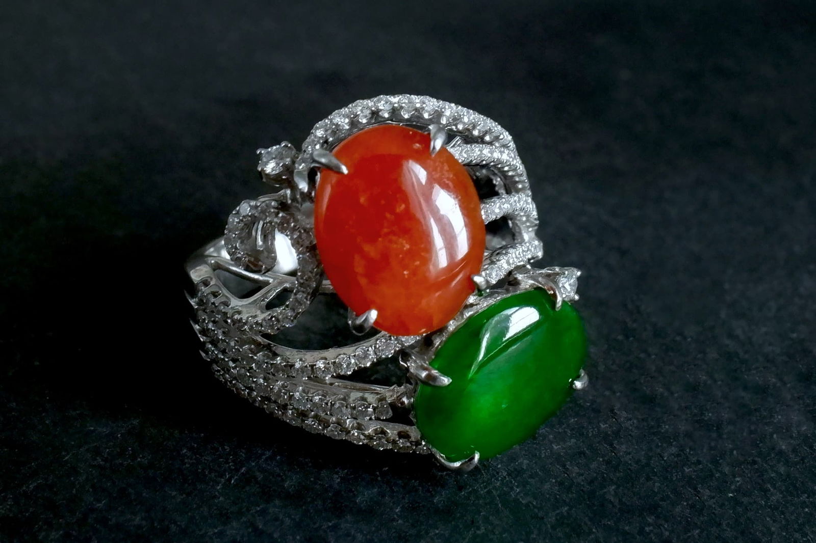 Green and Red Jade, red jadeite ring, toi et moi ring, two stone ring, jadeite ring singapore, vintage jade ring white gold, Gem Gardener