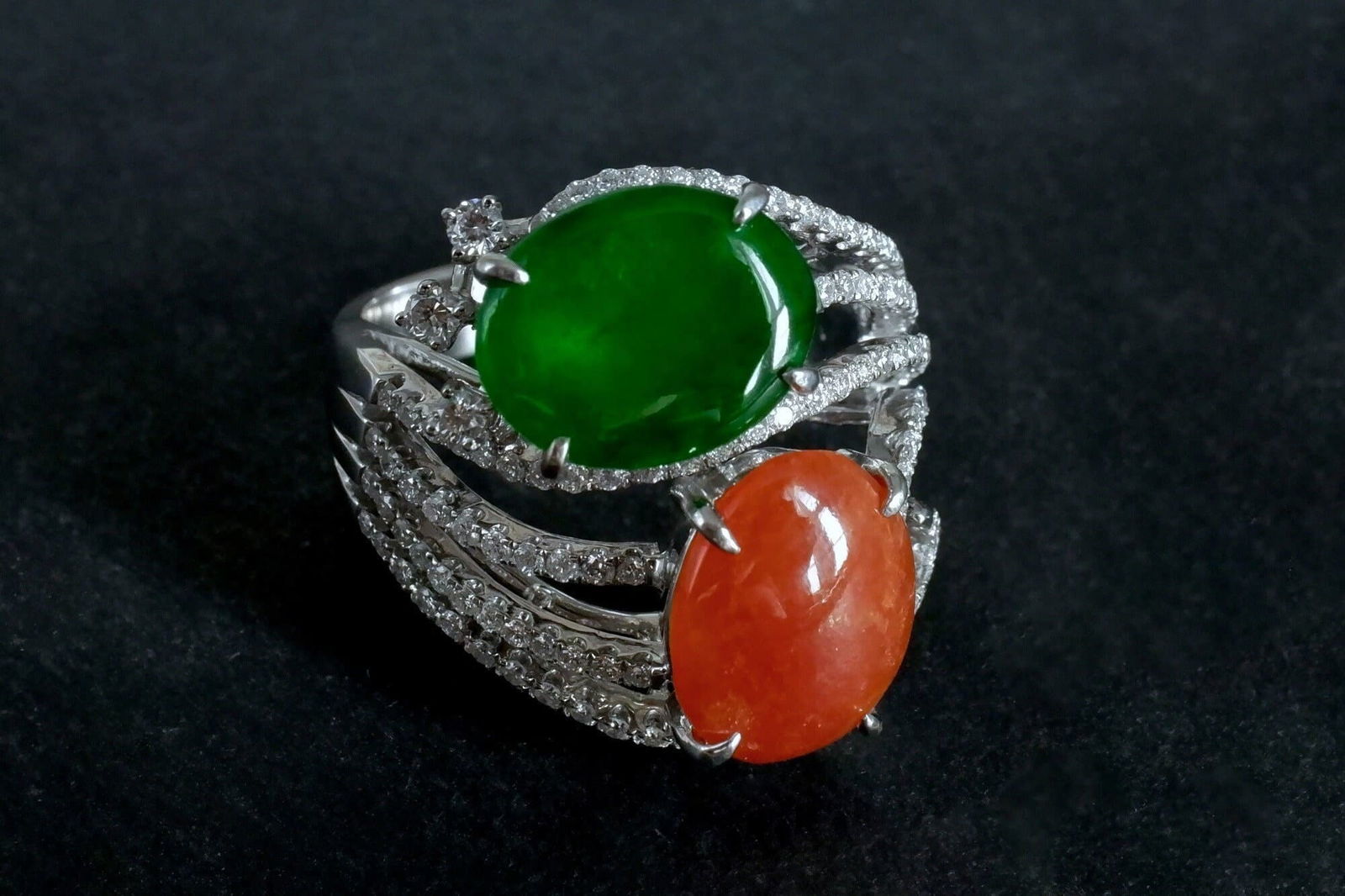 Green and Red Jade, red jadeite ring, toi et moi ring, two stone ring, jadeite ring singapore, vintage jade ring white gold, Gem Gardener