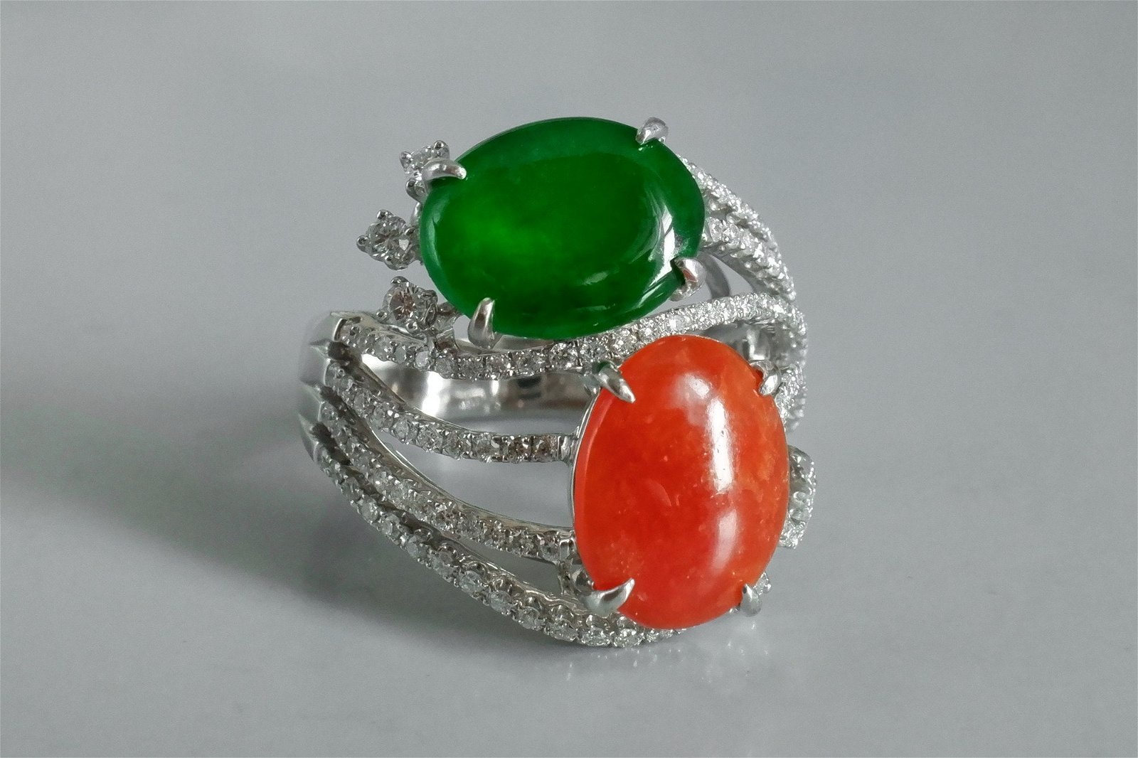 Green and Red Jade, red jadeite ring, toi et moi ring, two stone ring, jadeite ring singapore, vintage jade ring white gold, Gem Gardener