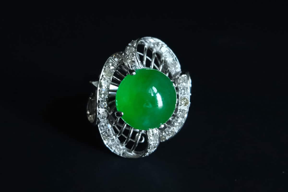Antique Platinum Jadeite Ring, imperial jadeite jade ring, jadeite ring singapore, jade ring singapore, high quality jade ring, antique jade rings for sale, fine jade jewelry hong kong, green jade ring price, Gem Gardener