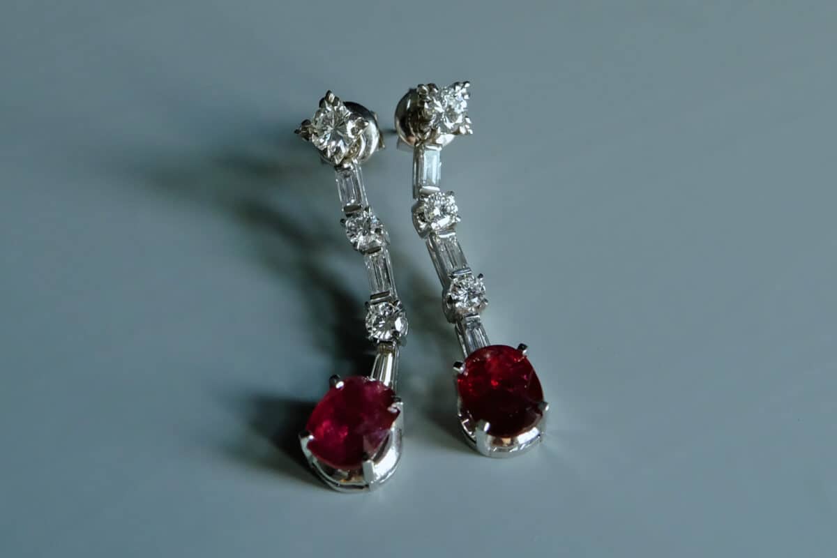 ruby diamond drop earrings, ruby stud drop earrings, ruby drop earrings, ruby earrings singapore, art deco ruby earrings, vintage ruby drop earrings, drop earring singapore, Gem Gardener, stud and drop earrings