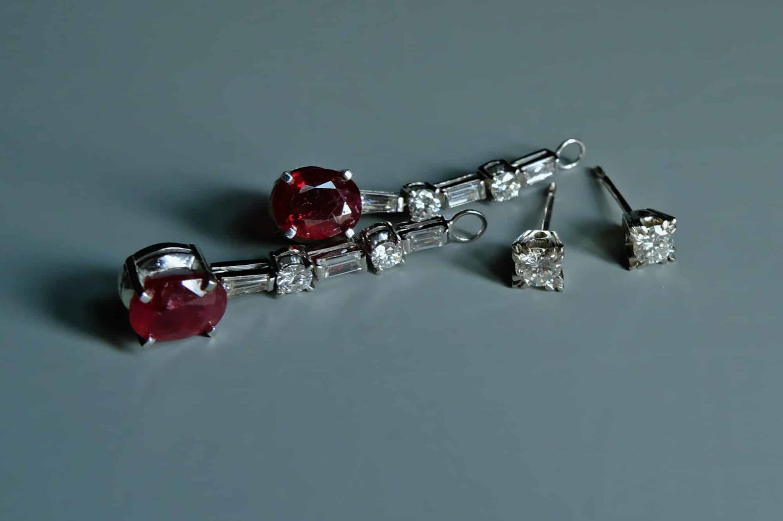 ruby diamond drop earrings, ruby stud drop earrings, ruby drop earrings, ruby earrings singapore, art deco ruby earrings, vintage ruby drop earrings, drop earring singapore, Gem Gardener, stud and drop earrings
