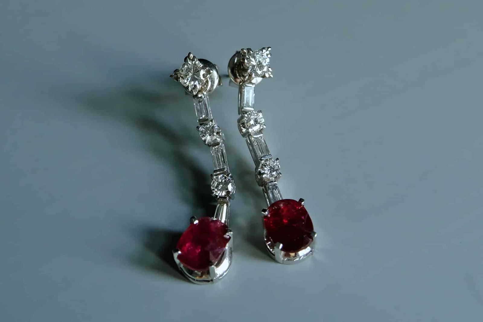 ruby diamond drop earrings, ruby stud drop earrings, ruby drop earrings, ruby earrings singapore, art deco ruby earrings, vintage ruby drop earrings, drop earring singapore, Gem Gardener, stud and drop earrings