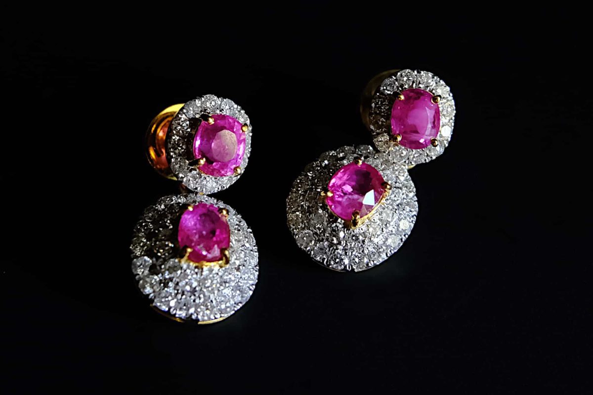stud drop earrings gold, pink sapphire drop stud earrings, delicate earrings ruby, pink sapphire earrings gold, pink sapphire earrings yellow gold, small sapphire drop earrings, ruby earrings singapore, sapphire earrings singapore, Gem Gardener