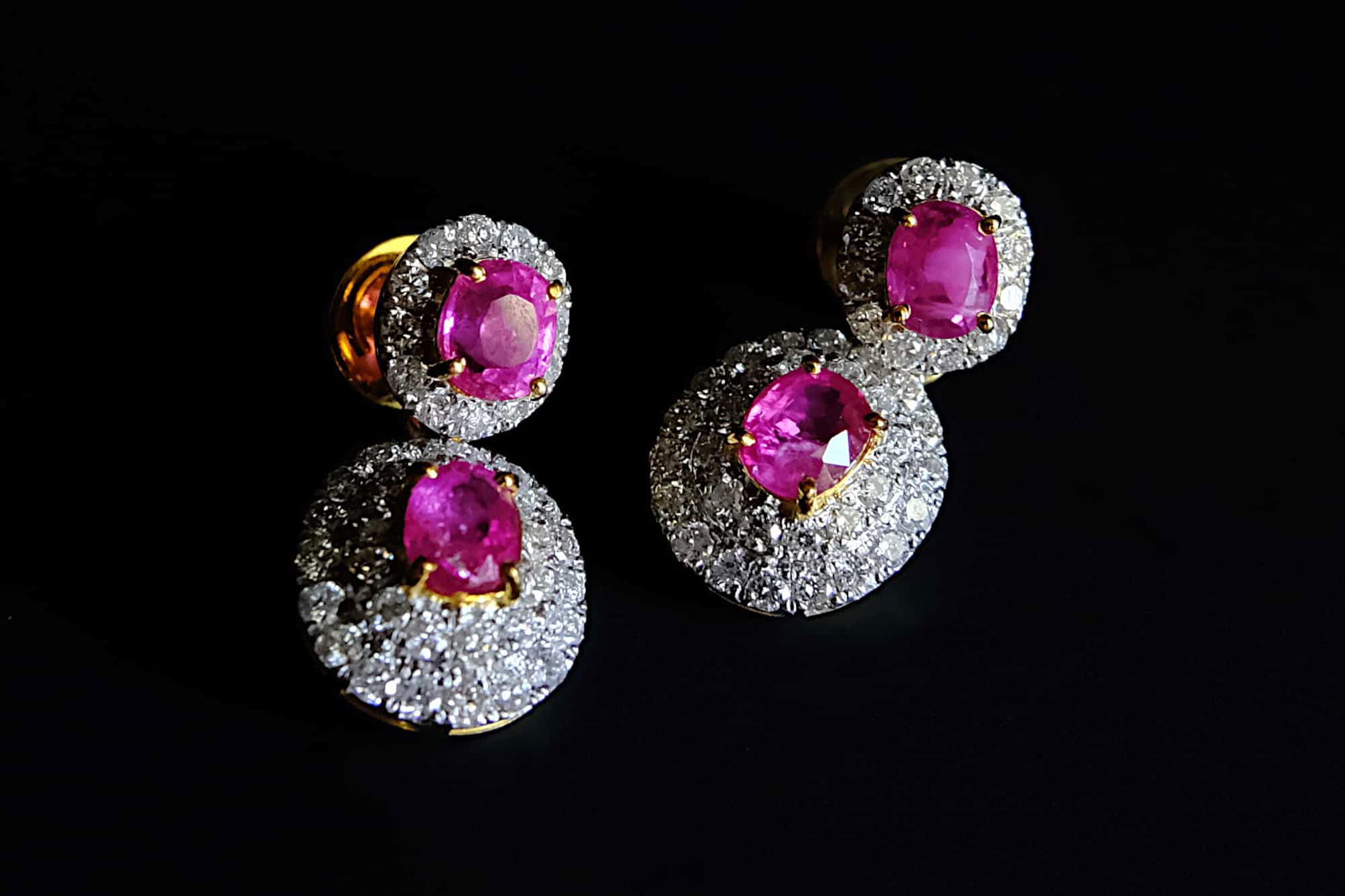 stud drop earrings gold, pink sapphire drop stud earrings, delicate earrings ruby, pink sapphire earrings gold, pink sapphire earrings yellow gold, small sapphire drop earrings, ruby earrings singapore, sapphire earrings singapore, Gem Gardener