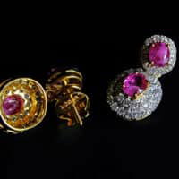 stud drop earrings gold, pink sapphire drop stud earrings, delicate earrings ruby, pink sapphire earrings gold, pink sapphire earrings yellow gold, small sapphire drop earrings, ruby earrings singapore, sapphire earrings singapore, Gem Gardener