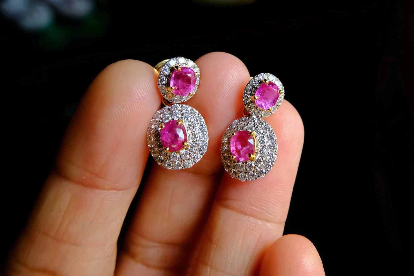 stud drop earrings gold, pink sapphire drop stud earrings, delicate earrings ruby, pink sapphire earrings gold, pink sapphire earrings yellow gold, small sapphire drop earrings, ruby earrings singapore, sapphire earrings singapore, Gem Gardener