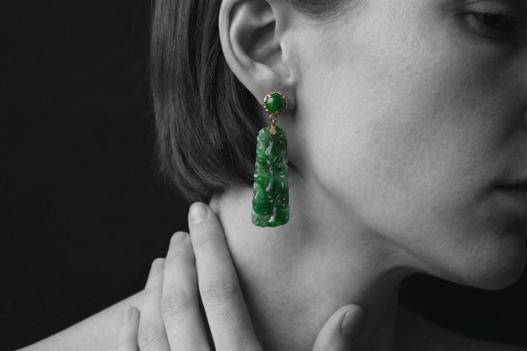 Carved Jade Drop Earrings, antique chinese jade earrings, vintage jade earrings for sale, carved jadeite earrings, green jade dangle earrings, jadeite jade dangle earrings, jadeite earrings singapore, Gem Gardener