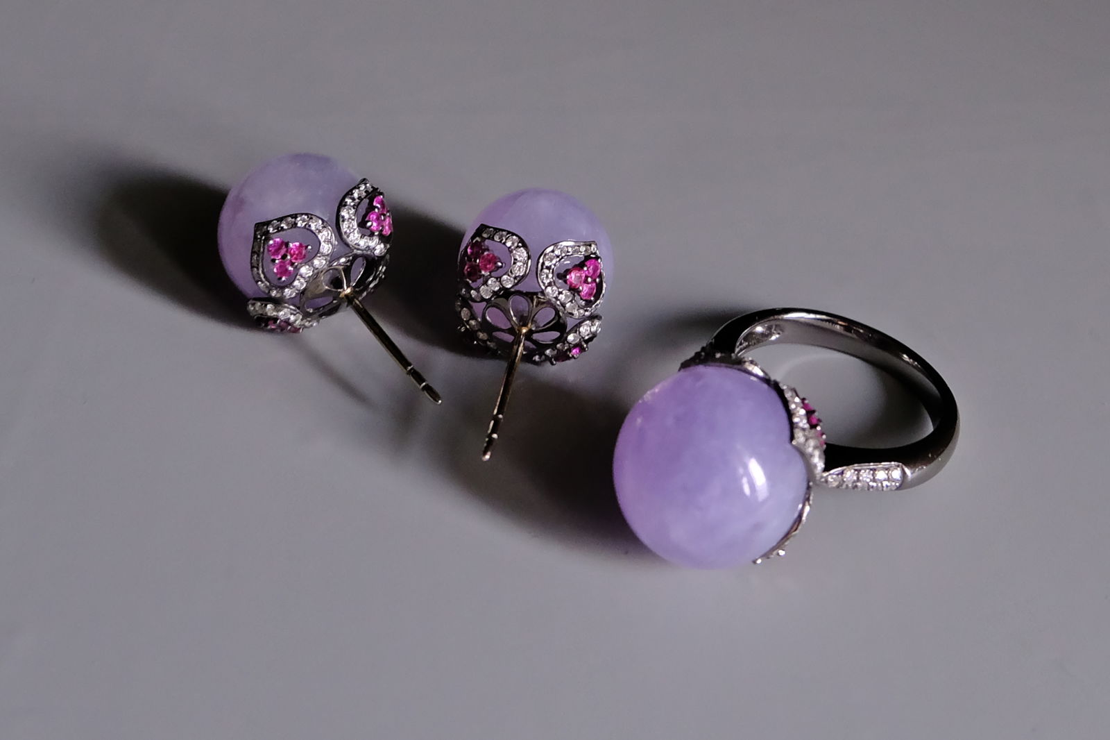 Jade Earrings Ring Set, lavender jade earrings, purple jade set, lavender jade jewelry, lavender jade singapore, purple jade singapore, Jade jewellery singapore, Gem Gardener