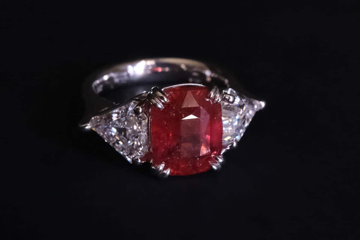 three stone ruby and diamond ring, 5 carat ruby ring, unheated ruby ring, unheated mozambique ruby ring, ruby ring singapore, red ruby singapore, ruby engagement ring singapore, ruby jewellery singapore, Gem Gardener