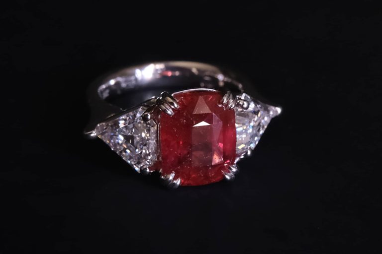 three stone ruby and diamond ring, 5 carat ruby ring, unheated ruby ring, unheated mozambique ruby ring, ruby ring singapore, red ruby singapore, ruby engagement ring singapore, ruby jewellery singapore, Gem Gardener