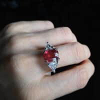 three stone ruby and diamond ring, 5 carat ruby ring, unheated ruby ring, unheated mozambique ruby ring, ruby ring singapore, red ruby singapore, ruby engagement ring singapore, ruby jewellery singapore, Gem Gardener