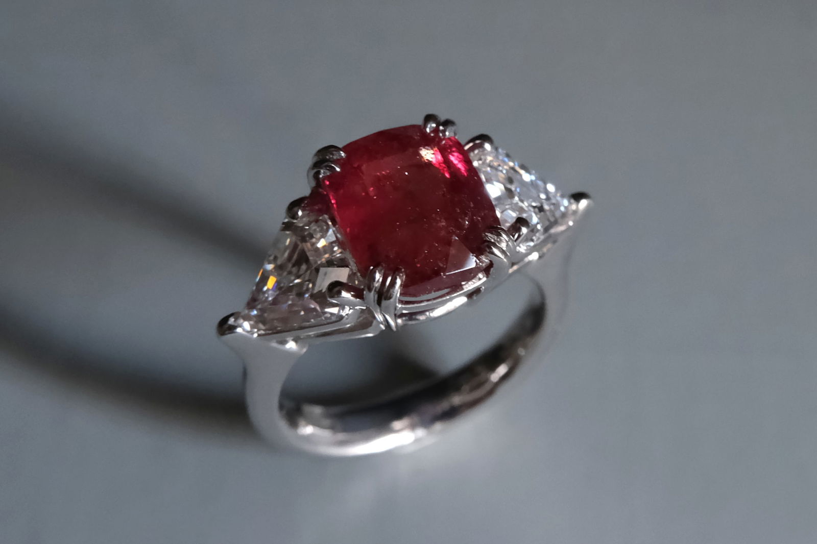 three stone ruby and diamond ring, 5 carat ruby ring, unheated ruby ring, unheated mozambique ruby ring, ruby ring singapore, red ruby singapore, ruby engagement ring singapore, ruby jewellery singapore, Gem Gardener