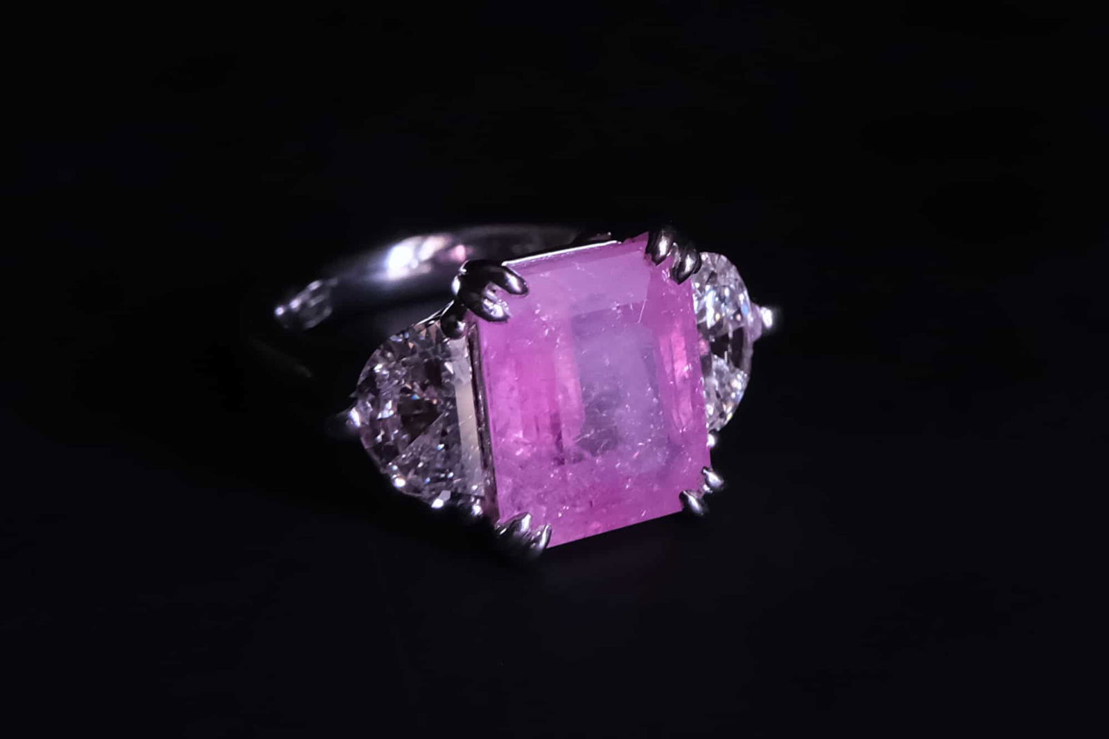 three stone sapphire and diamond ring, three stone pink sapphire ring, three stone engagement ring, three stone sapphire and diamond ring, pink sapphire engagement rings, pink sapphire diamond ring, emerald cut pink sapphire ring, pink sapphire ring singapore, engagement ring singapore, Gem Gardener