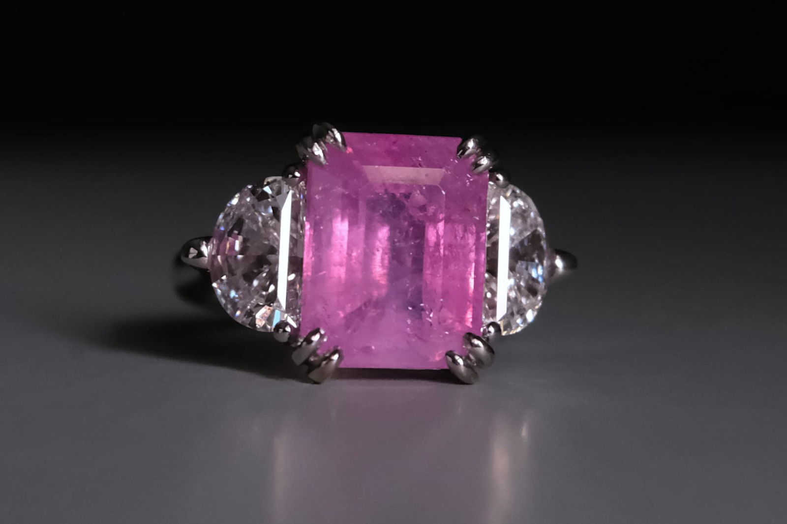 three stone sapphire and diamond ring, three stone pink sapphire ring, three stone engagement ring, three stone sapphire and diamond ring, pink sapphire engagement rings, pink sapphire diamond ring, emerald cut pink sapphire ring, pink sapphire ring singapore, engagement ring singapore, Gem Gardener