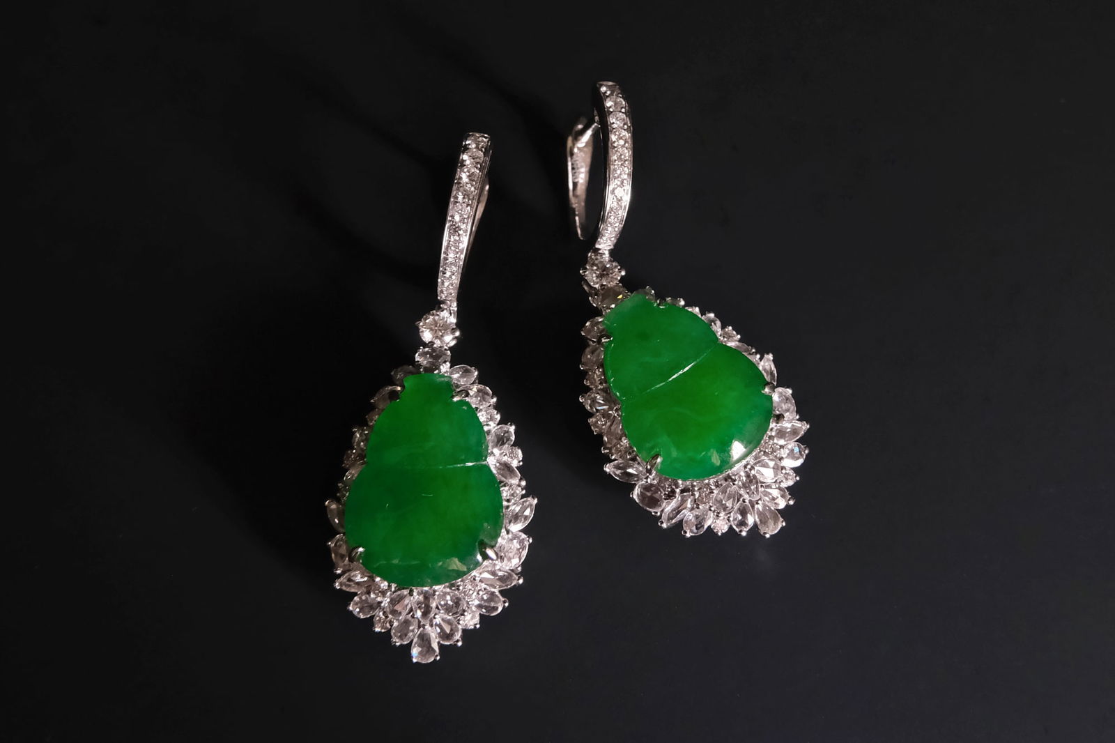 Gourd Jade Earrings, 葫芦耳环, jade earrings singapore, jade jewellery singapore, jadeite earrings singapore, jade drop earrings white gold, drop earrings singapore, green jade drop earrings gold, Gem Gardener