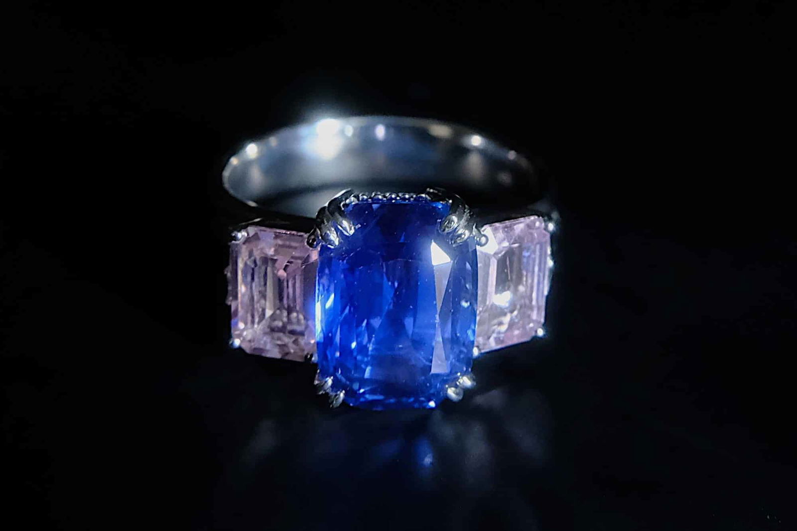Blue Sapphire Three Stone Ring, sapphire three stone ring, blue sapphire ring singapore, sapphire engagement rings singapore, blue and pink sapphire ring, sapphire rings singapore, Gem Gardener