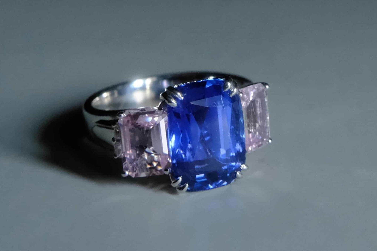 Blue Sapphire Three Stone Ring, sapphire three stone ring, blue sapphire ring singapore, sapphire engagement rings singapore, blue and pink sapphire ring, sapphire rings singapore, Gem Gardener
