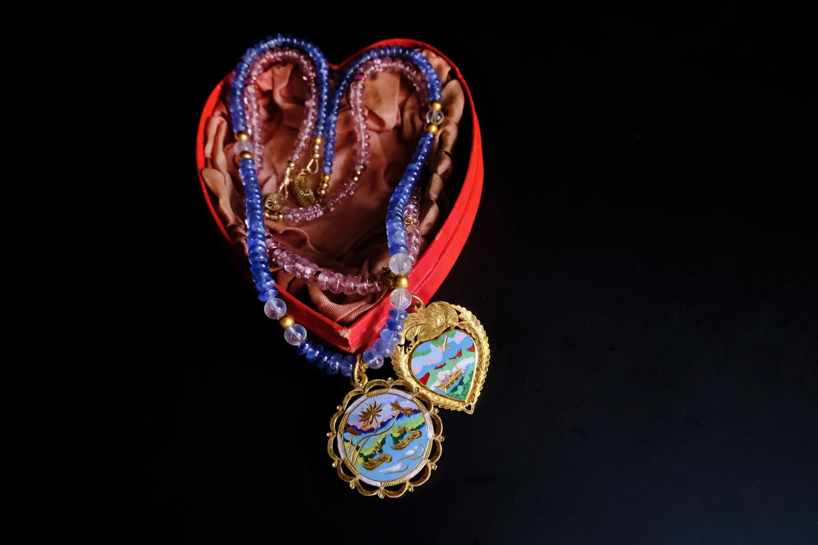 Vintage Enamel Pendant Necklace, antique chinese enamel, antique chinese jewelry, vintage enamel heart necklace, antique enamel charms, vintage enamel pendants, chinese wedding jewelry set gold, enamel pendant necklace gold, Gem Gardener