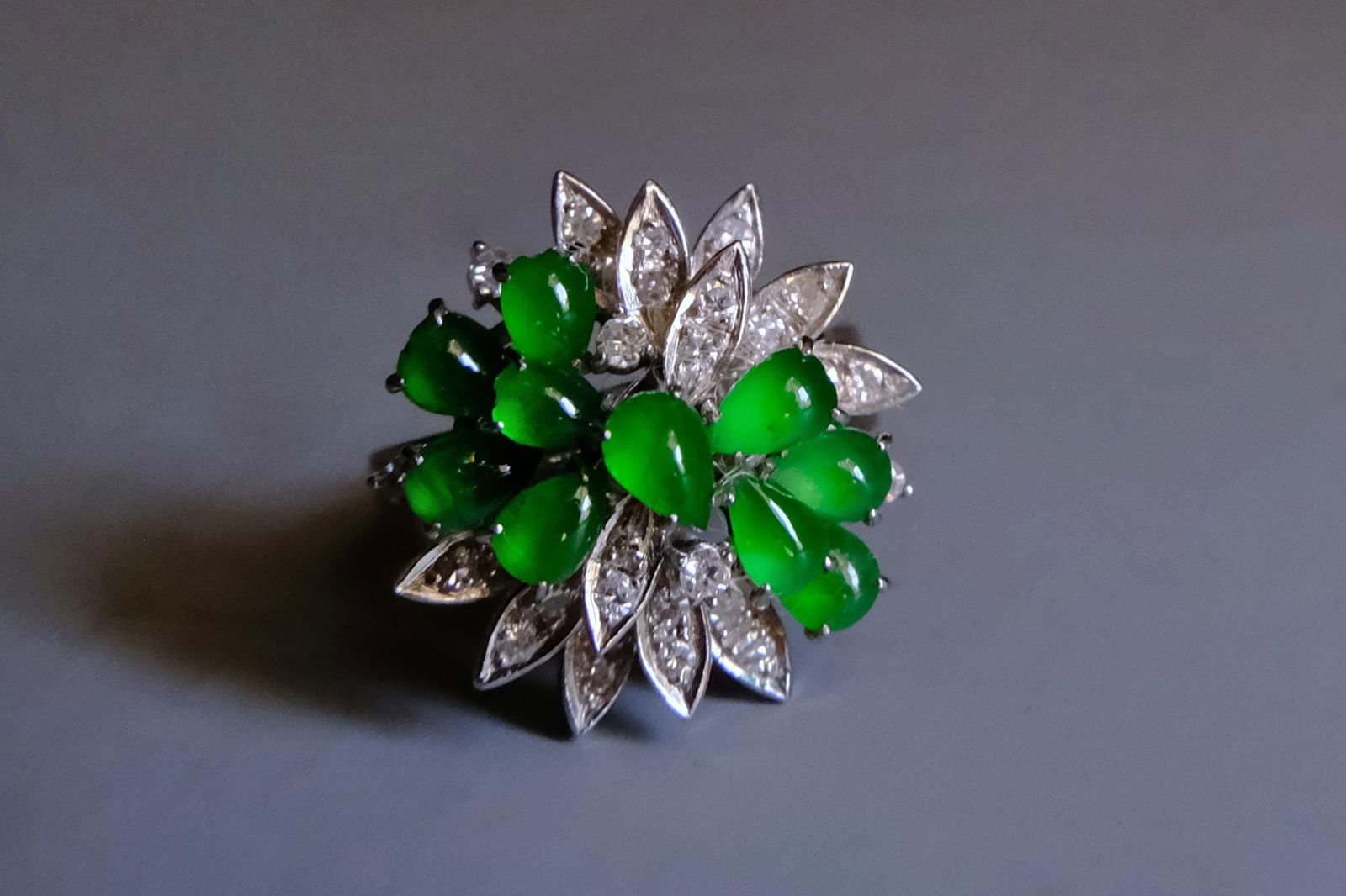 Antique Jade Ring, vintage jade ring with diamonds, vintage jade rings for sale, jade flower ring, jade cluster ring, jade and diamond cluster ring, vintage jade jewelry for sale, antique jade jewelry for sale, Gem Gardener