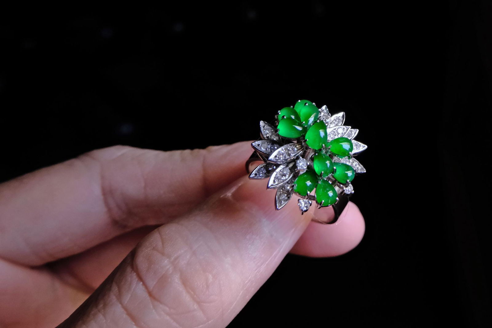 Antique Jade Ring, vintage jade ring with diamonds, vintage jade rings for sale, jade flower ring, jade cluster ring, jade and diamond cluster ring, vintage jade jewelry for sale, antique jade jewelry for sale, Gem Gardener