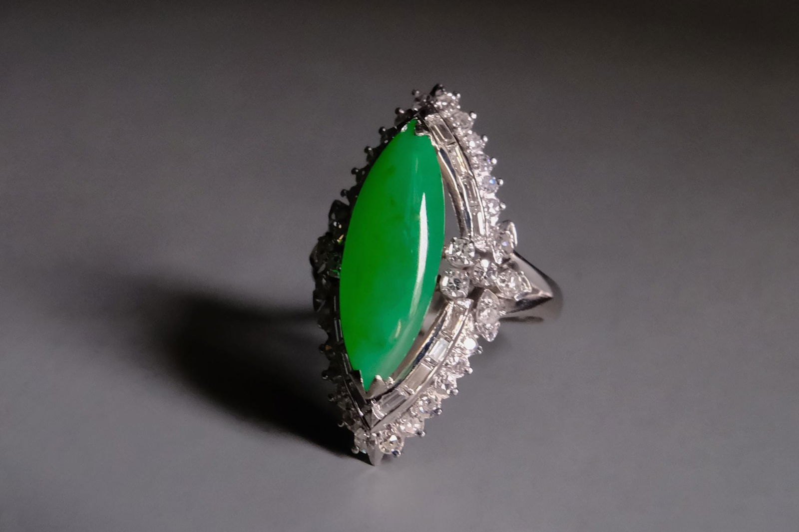 Antique jade ring, marquise jade ring, marquise cut jade ring, burma jade ring, burmese jadeite ring, jade ring singapore, jadeite ring singapore, antique jade rings for sale, antique jade jewelry for sale, vintage jade ring with diamonds, Gem Gardener