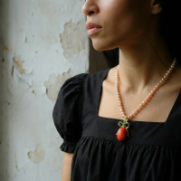 Red Coral Pendant Necklace, coral pearl necklace gold, red coral and pearl pendant, large red coral pendant, red coral singapore, single coral pendant, bow necklace gold, ribbon pendant necklace, Gem Gardener